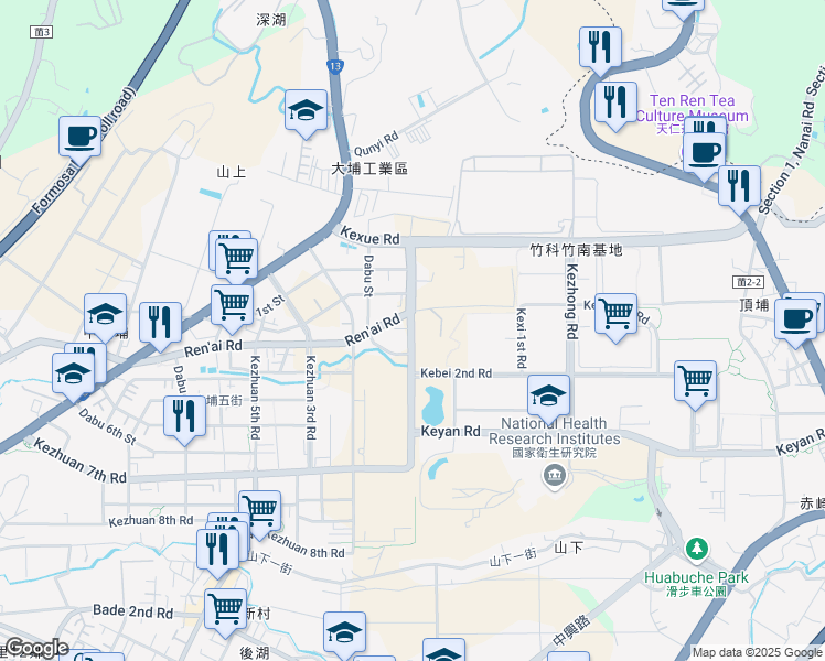 map of restaurants, bars, coffee shops, grocery stores, and more near Kezhuan 1st Road in Zhunan Township