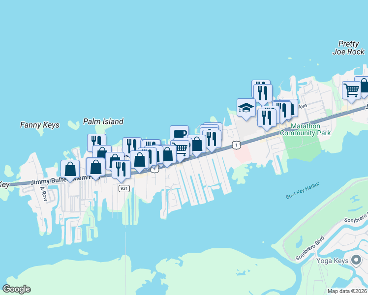 map of restaurants, bars, coffee shops, grocery stores, and more near 2600 Overseas Highway in Marathon