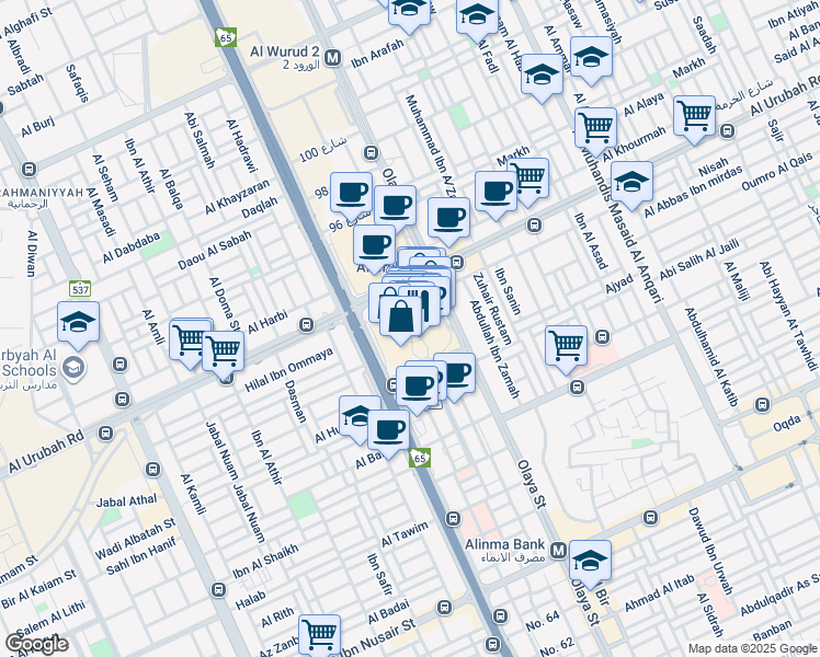 map of restaurants, bars, coffee shops, grocery stores, and more near King Fahd Road in Riyadh