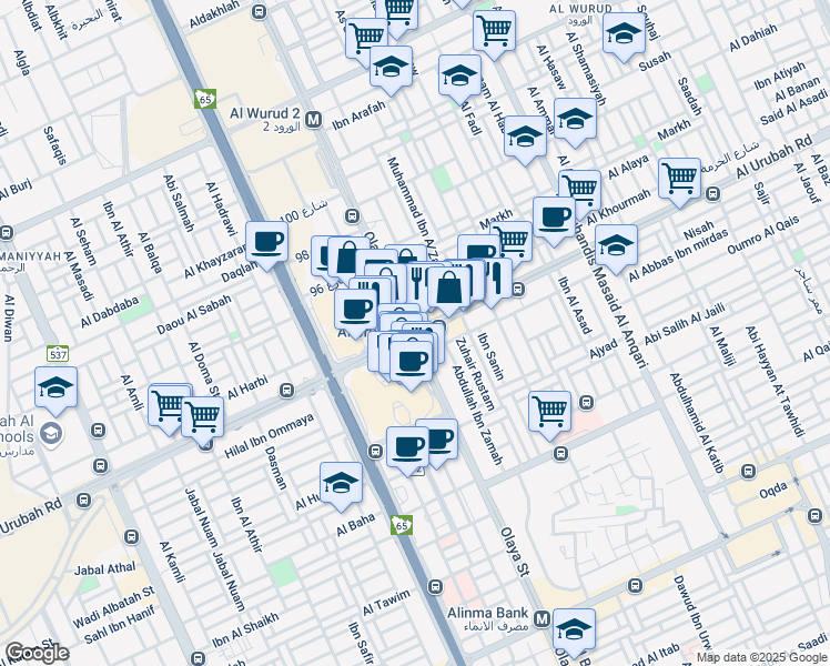 map of restaurants, bars, coffee shops, grocery stores, and more near in Riyadh