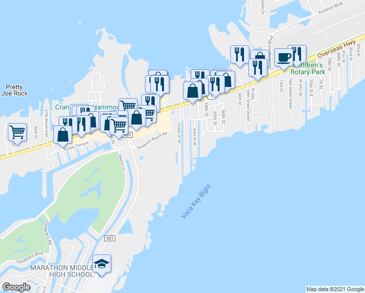 map of restaurants, bars, coffee shops, grocery stores, and more near 8099 Overseas Highway in Marathon