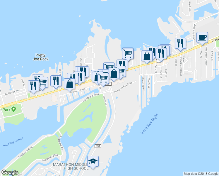 map of restaurants, bars, coffee shops, grocery stores, and more near 219 Sombrero Beach Road in Marathon