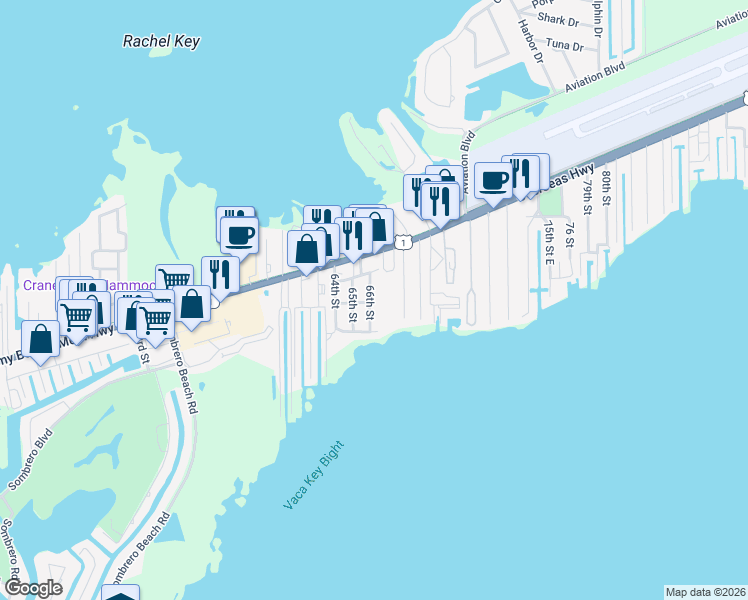 map of restaurants, bars, coffee shops, grocery stores, and more near 296 Ocean Terrace in Marathon