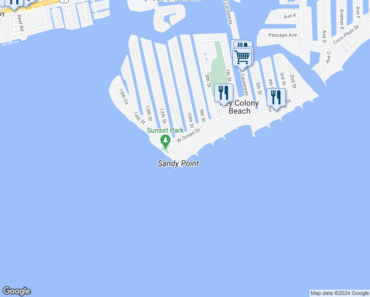 map of restaurants, bars, coffee shops, grocery stores, and more near 1133 West Ocean Drive in Key Colony Beach