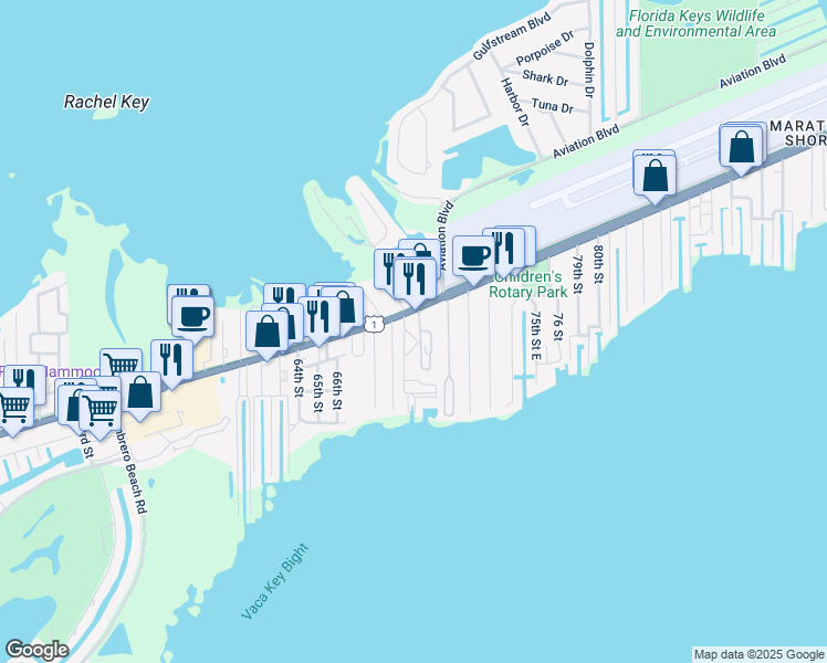 map of restaurants, bars, coffee shops, grocery stores, and more near 6975 Overseas Highway in Marathon