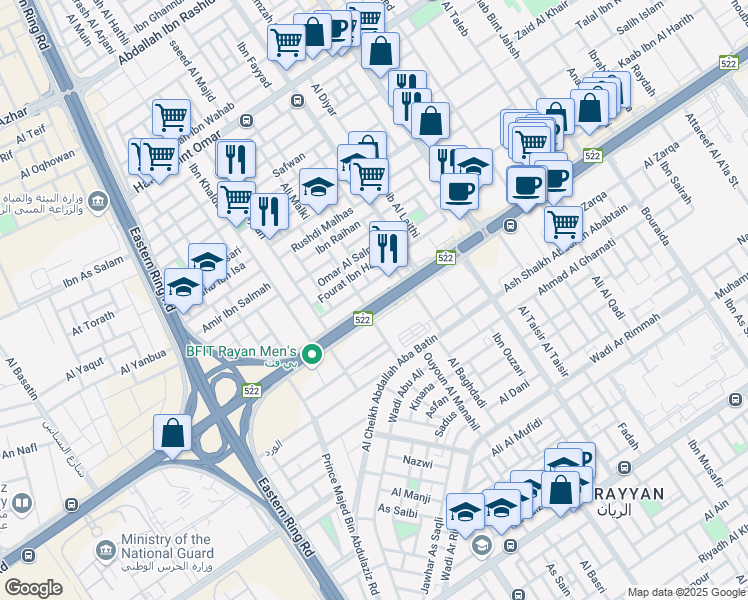 map of restaurants, bars, coffee shops, grocery stores, and more near 3319 Khurais Branch Road in Riyadh
