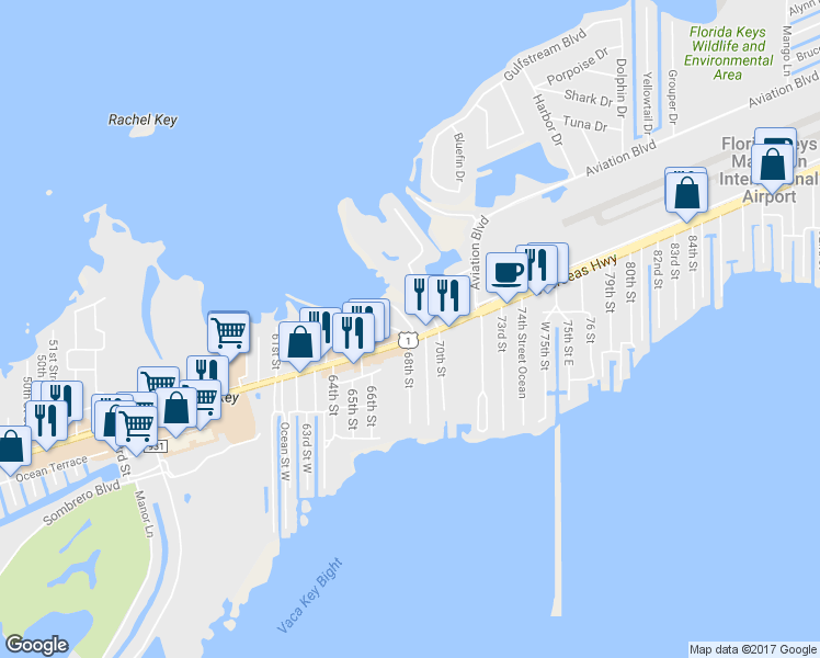 map of restaurants, bars, coffee shops, grocery stores, and more near 6800 Overseas Highway in Marathon