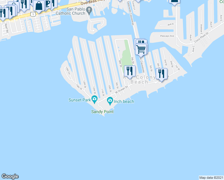map of restaurants, bars, coffee shops, grocery stores, and more near 200 10th Street in Key Colony Beach
