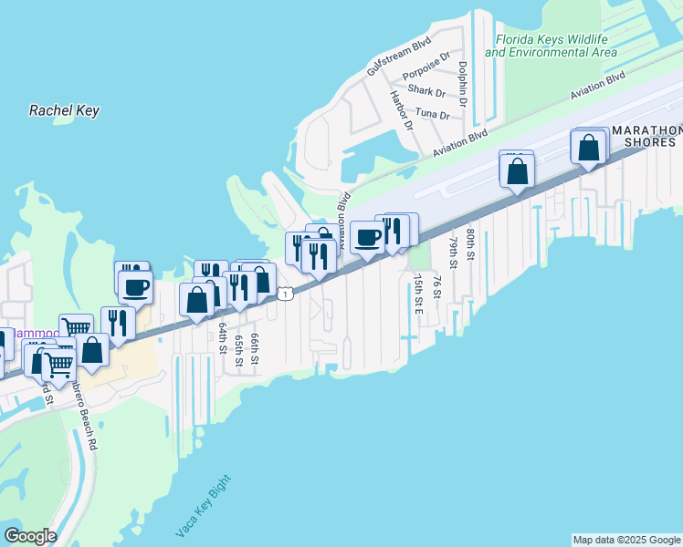 map of restaurants, bars, coffee shops, grocery stores, and more near 7210 Overseas Highway in Marathon