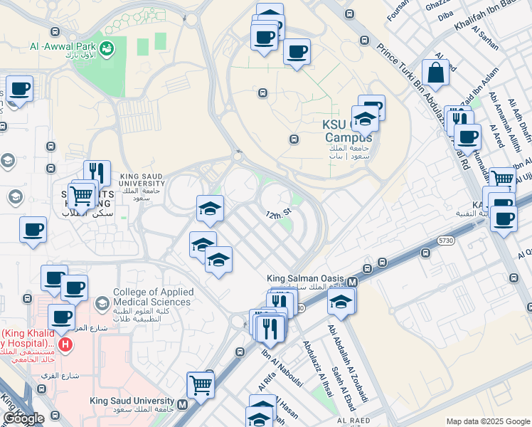 map of restaurants, bars, coffee shops, grocery stores, and more near 12th. Street in Riyadh