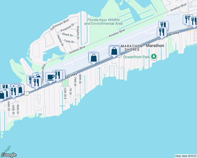 map of restaurants, bars, coffee shops, grocery stores, and more near 750 85th Street Ocean in Marathon
