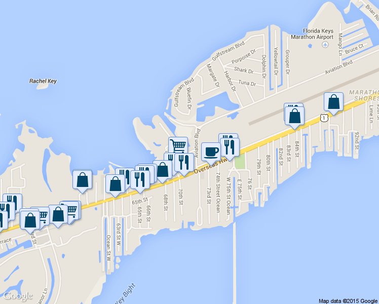 map of restaurants, bars, coffee shops, grocery stores, and more near 220 Gulf Terrace in Marathon