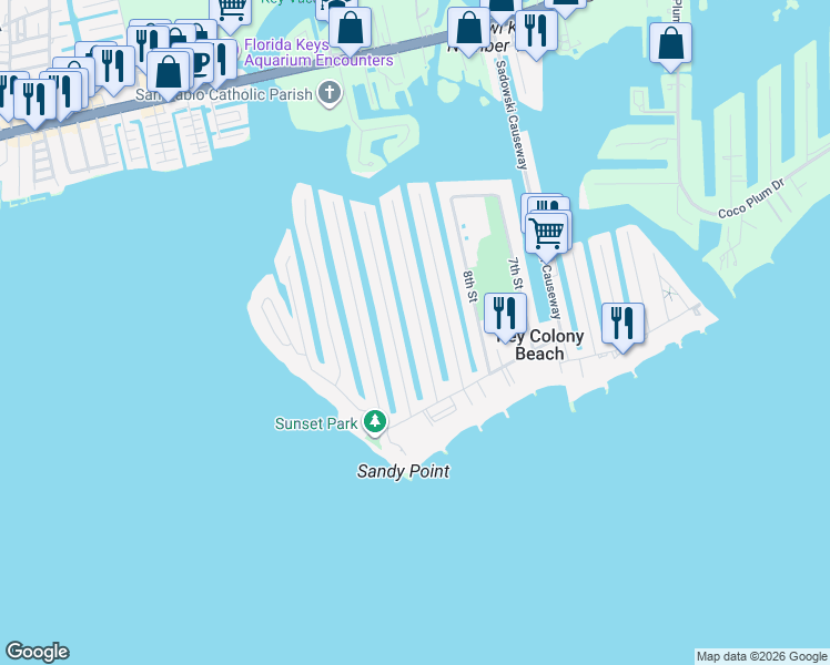 map of restaurants, bars, coffee shops, grocery stores, and more near 390 11th Street Ocean in Marathon