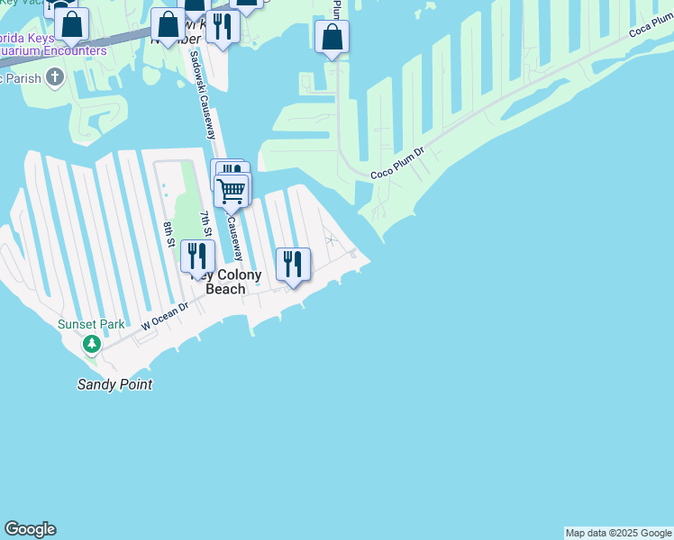 map of restaurants, bars, coffee shops, grocery stores, and more near 201 East Ocean Drive in Key Colony Beach