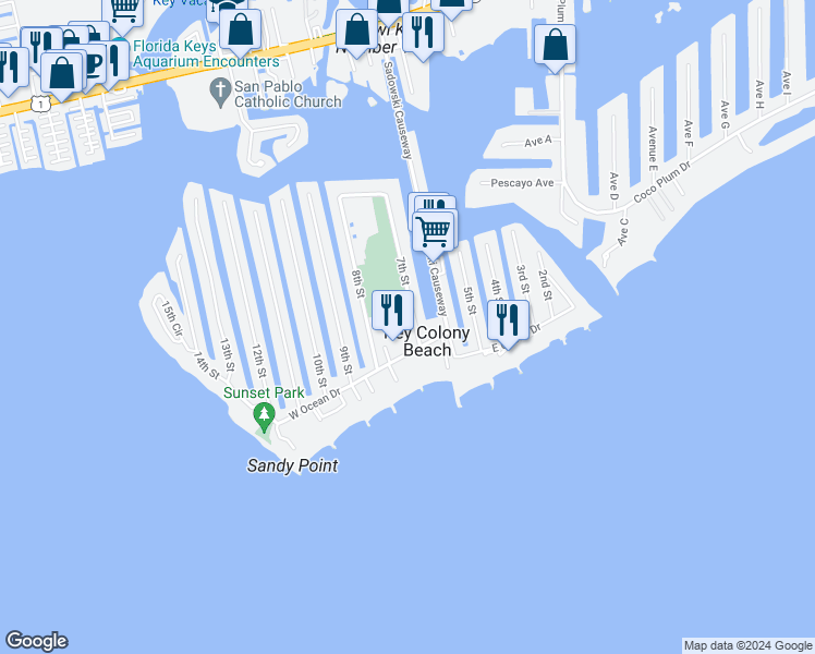 map of restaurants, bars, coffee shops, grocery stores, and more near 201 7th Street in Key Colony Beach