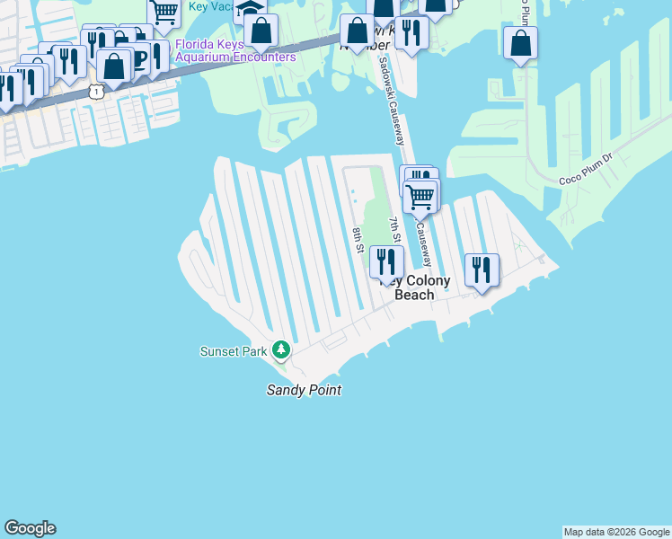 map of restaurants, bars, coffee shops, grocery stores, and more near 301 9th Street in Key Colony Beach