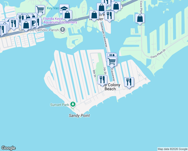 map of restaurants, bars, coffee shops, grocery stores, and more near 371 8th Street in Key Colony Beach