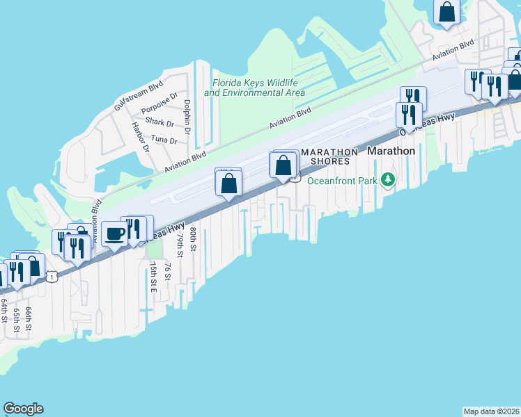 map of restaurants, bars, coffee shops, grocery stores, and more near 8700 Overseas Highway in Marathon