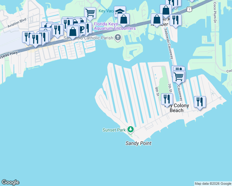 map of restaurants, bars, coffee shops, grocery stores, and more near 13th Street in Key Colony Beach