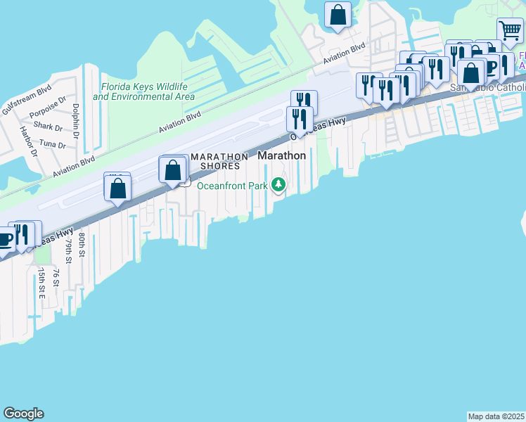 map of restaurants, bars, coffee shops, grocery stores, and more near 999 99th Street Ocean in Marathon