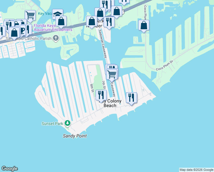 map of restaurants, bars, coffee shops, grocery stores, and more near 21 7th Street in Key Largo