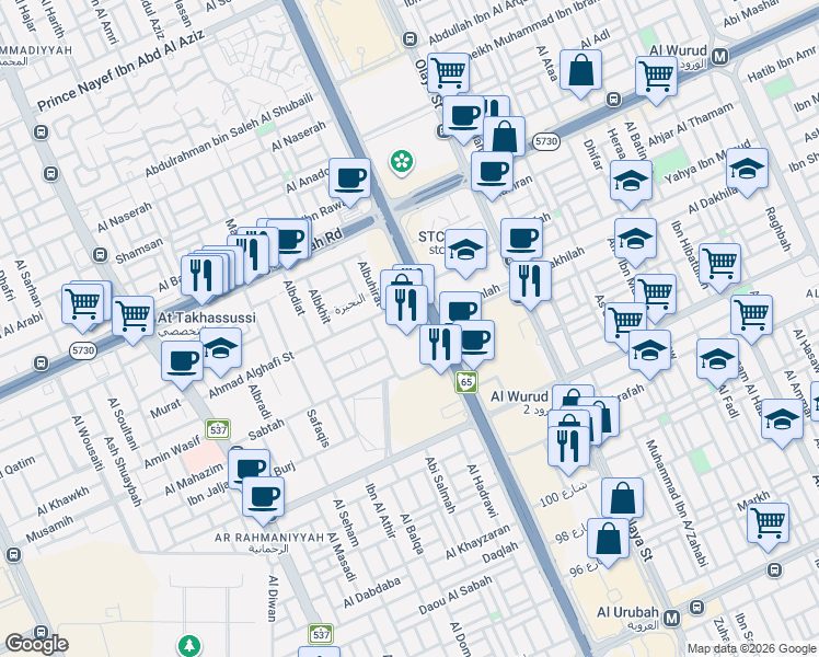 map of restaurants, bars, coffee shops, grocery stores, and more near King Fahd Road in Riyadh