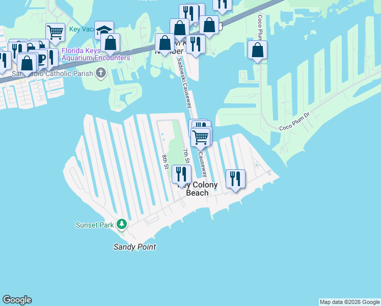 map of restaurants, bars, coffee shops, grocery stores, and more near 21 7th Street in Key Largo