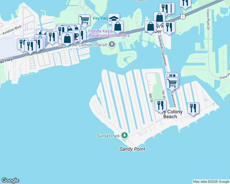 map of restaurants, bars, coffee shops, grocery stores, and more near 320 13th Street in Key Colony Beach