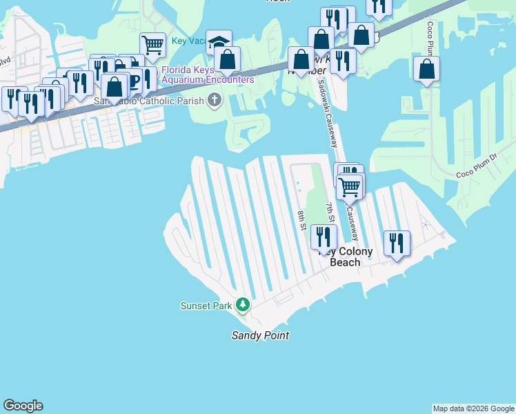 map of restaurants, bars, coffee shops, grocery stores, and more near 640 10th Street in Key Colony Beach