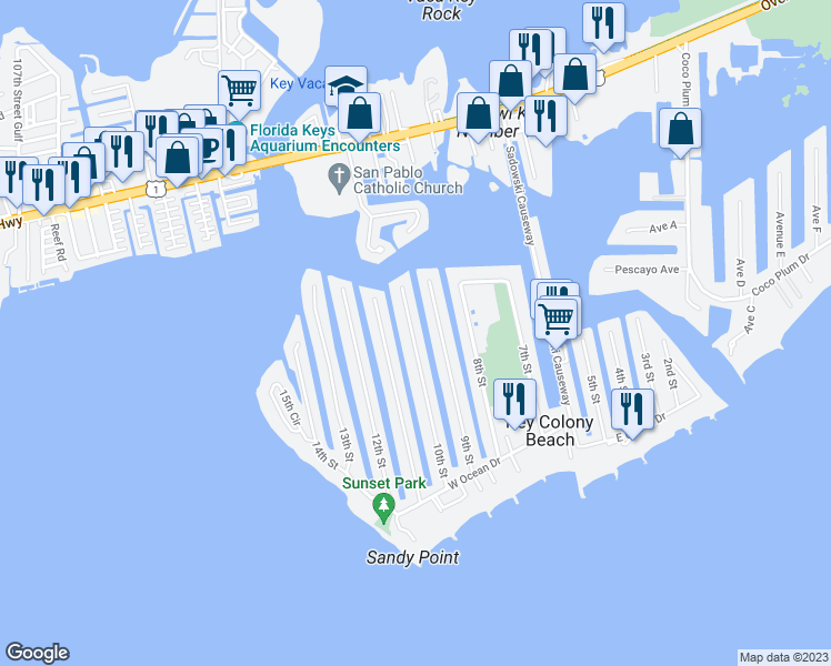 map of restaurants, bars, coffee shops, grocery stores, and more near 640 10th Street in Key Colony Beach
