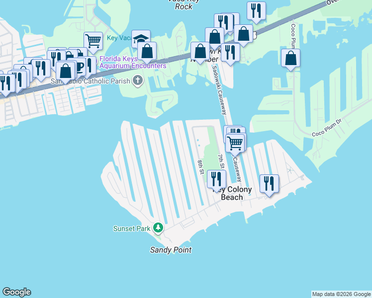 map of restaurants, bars, coffee shops, grocery stores, and more near 580 9th Street in Key Colony Beach
