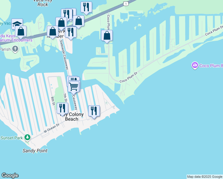 map of restaurants, bars, coffee shops, grocery stores, and more near 95 Coco Plum Drive in Marathon
