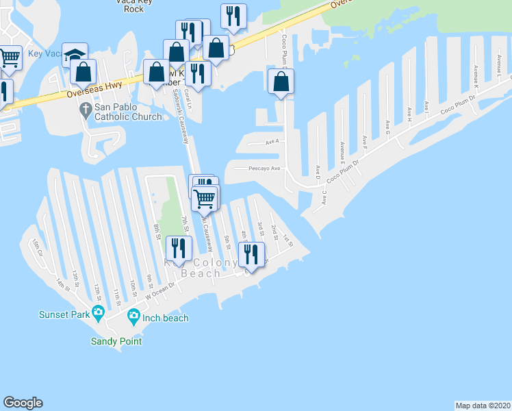 map of restaurants, bars, coffee shops, grocery stores, and more near 500 3rd Street in Key Colony Beach