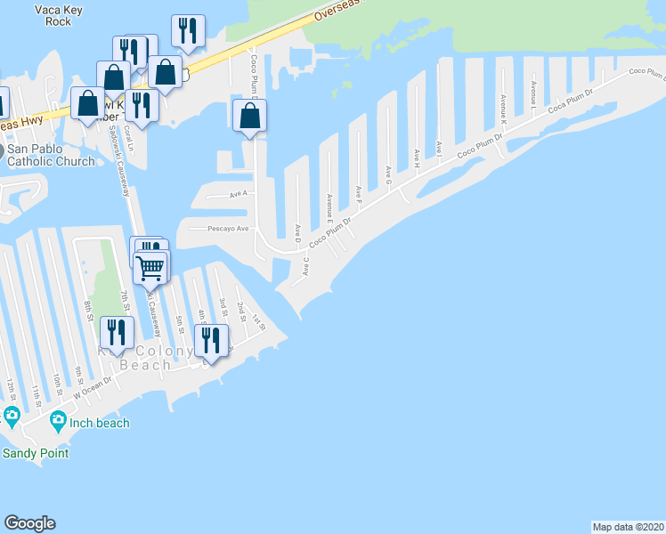map of restaurants, bars, coffee shops, grocery stores, and more near 103 Coco Plum Drive in Marathon