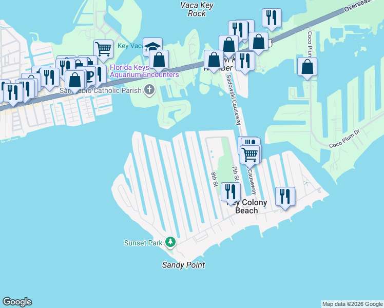map of restaurants, bars, coffee shops, grocery stores, and more near 640 10th Street in Key Colony Beach