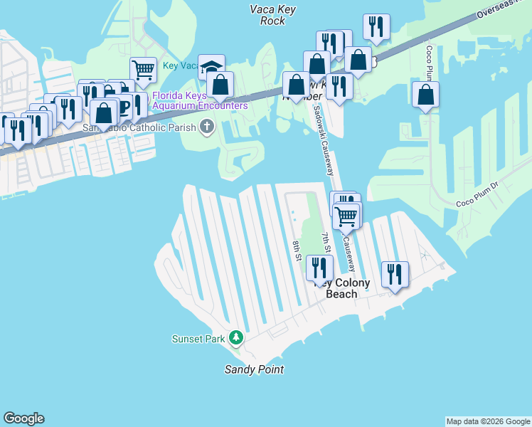 map of restaurants, bars, coffee shops, grocery stores, and more near 640 10th Street in Key Colony Beach