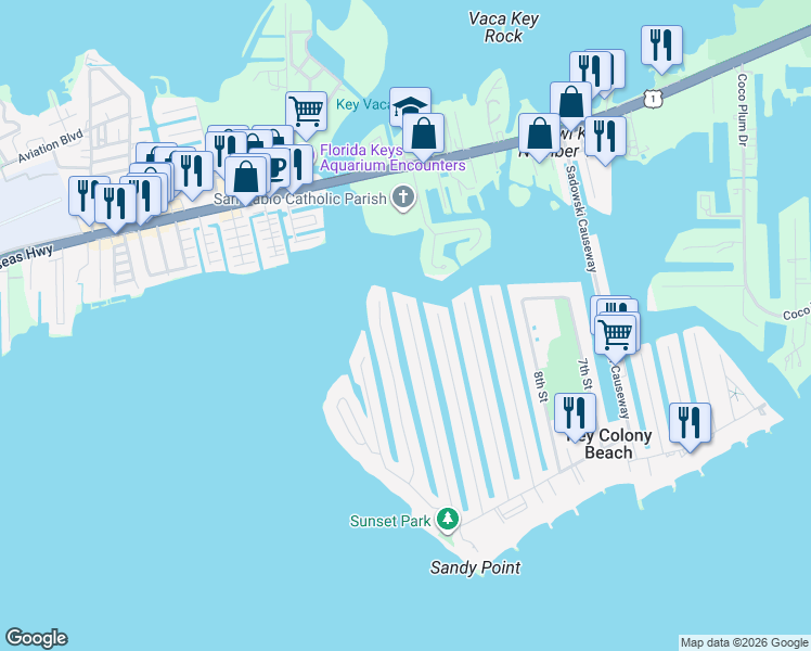 map of restaurants, bars, coffee shops, grocery stores, and more near 320 13th Street in Key Colony Beach