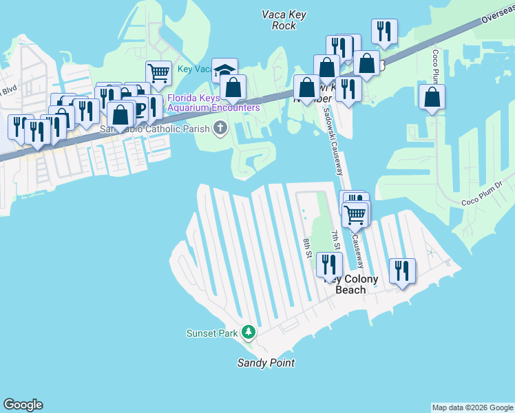 map of restaurants, bars, coffee shops, grocery stores, and more near 741 10th Street in Key Colony Beach