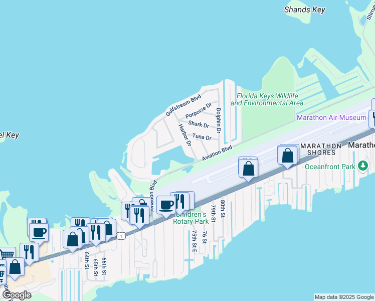 map of restaurants, bars, coffee shops, grocery stores, and more near 1595 Harbor Drive in Marathon