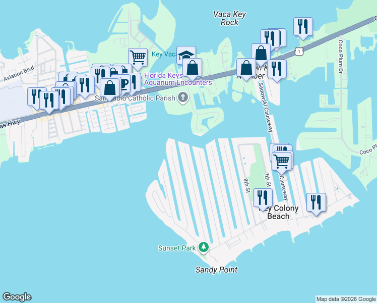 map of restaurants, bars, coffee shops, grocery stores, and more near 13 TH Street in Key Colony Beach