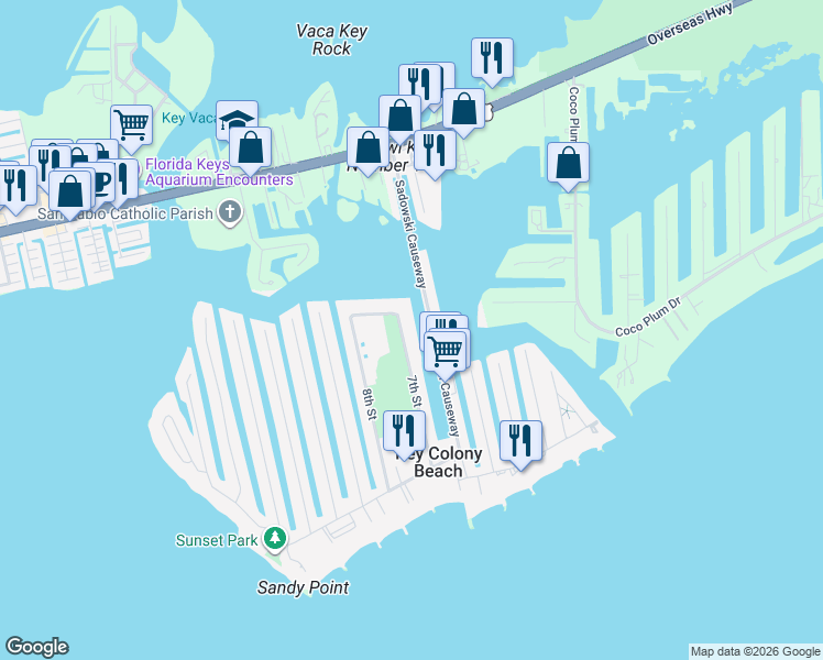 map of restaurants, bars, coffee shops, grocery stores, and more near 17 Sadowski Causeway in Key Largo