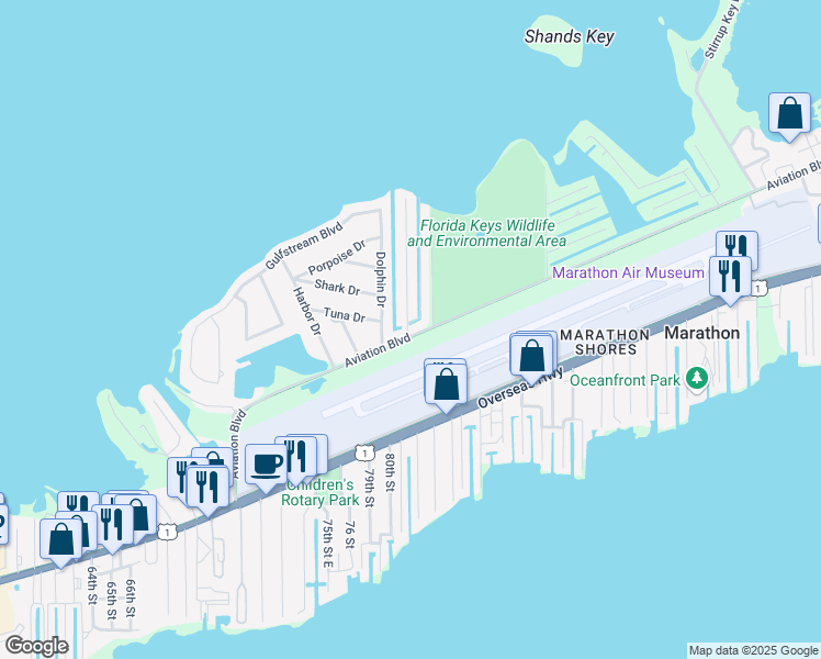 map of restaurants, bars, coffee shops, grocery stores, and more near 1500 Yellowtail Drive in Marathon