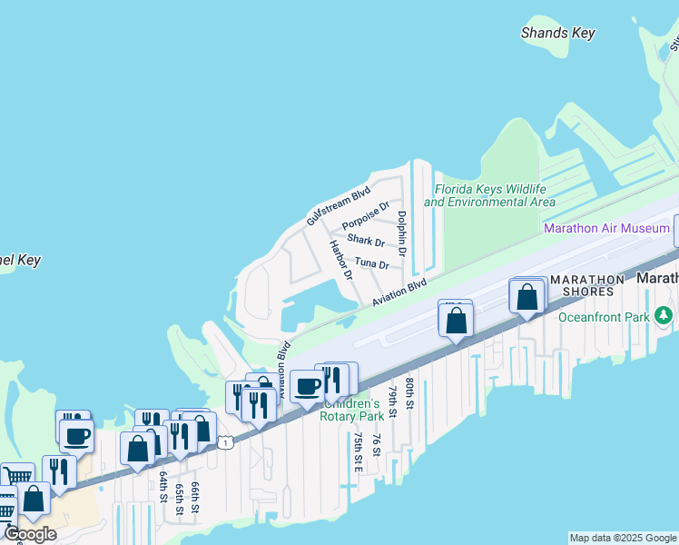 map of restaurants, bars, coffee shops, grocery stores, and more near 1595 Harbor Drive in Marathon