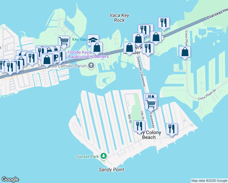 map of restaurants, bars, coffee shops, grocery stores, and more near 741 10th St in Key Colony Beach