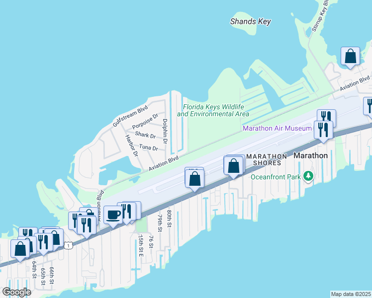 map of restaurants, bars, coffee shops, grocery stores, and more near 8270 Aviation Boulevard in Marathon