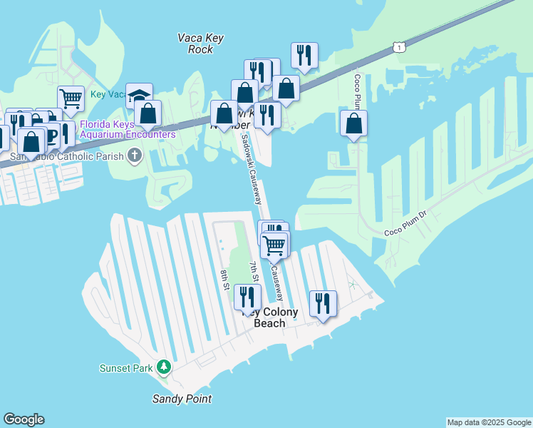 map of restaurants, bars, coffee shops, grocery stores, and more near 17 Sadowski Causeway in Key Largo