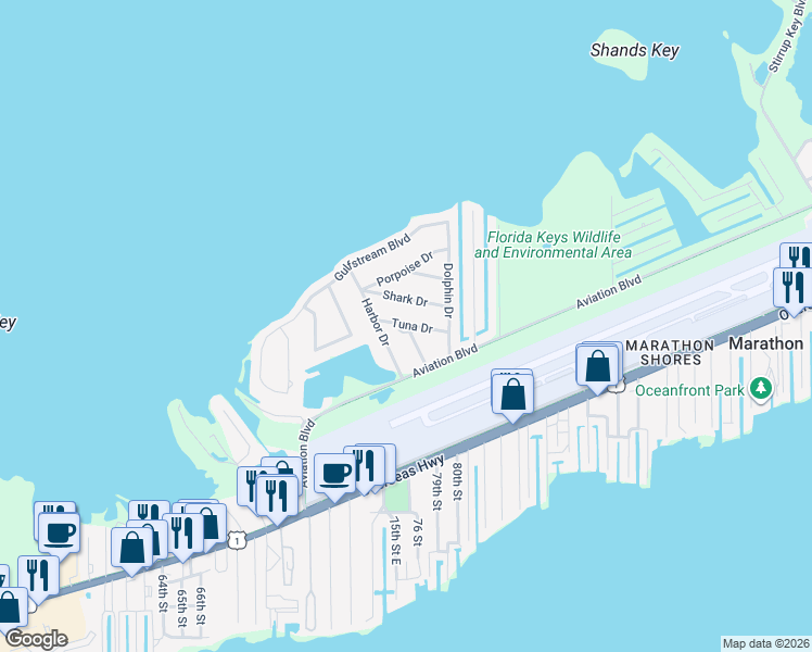 map of restaurants, bars, coffee shops, grocery stores, and more near 8031 Tuna Drive in Marathon