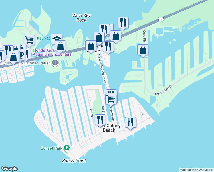 map of restaurants, bars, coffee shops, grocery stores, and more near 17 Sadowski Causeway in Key Largo