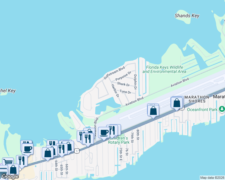 map of restaurants, bars, coffee shops, grocery stores, and more near 7933 Shark Drive in Marathon