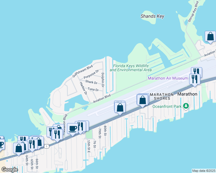 map of restaurants, bars, coffee shops, grocery stores, and more near 2110 Dolphin Drive in Marathon